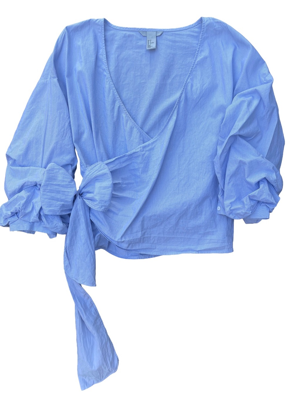 H&M Blue & White Pinstripe Cotton Wrap Blouse with Puff Sleeves